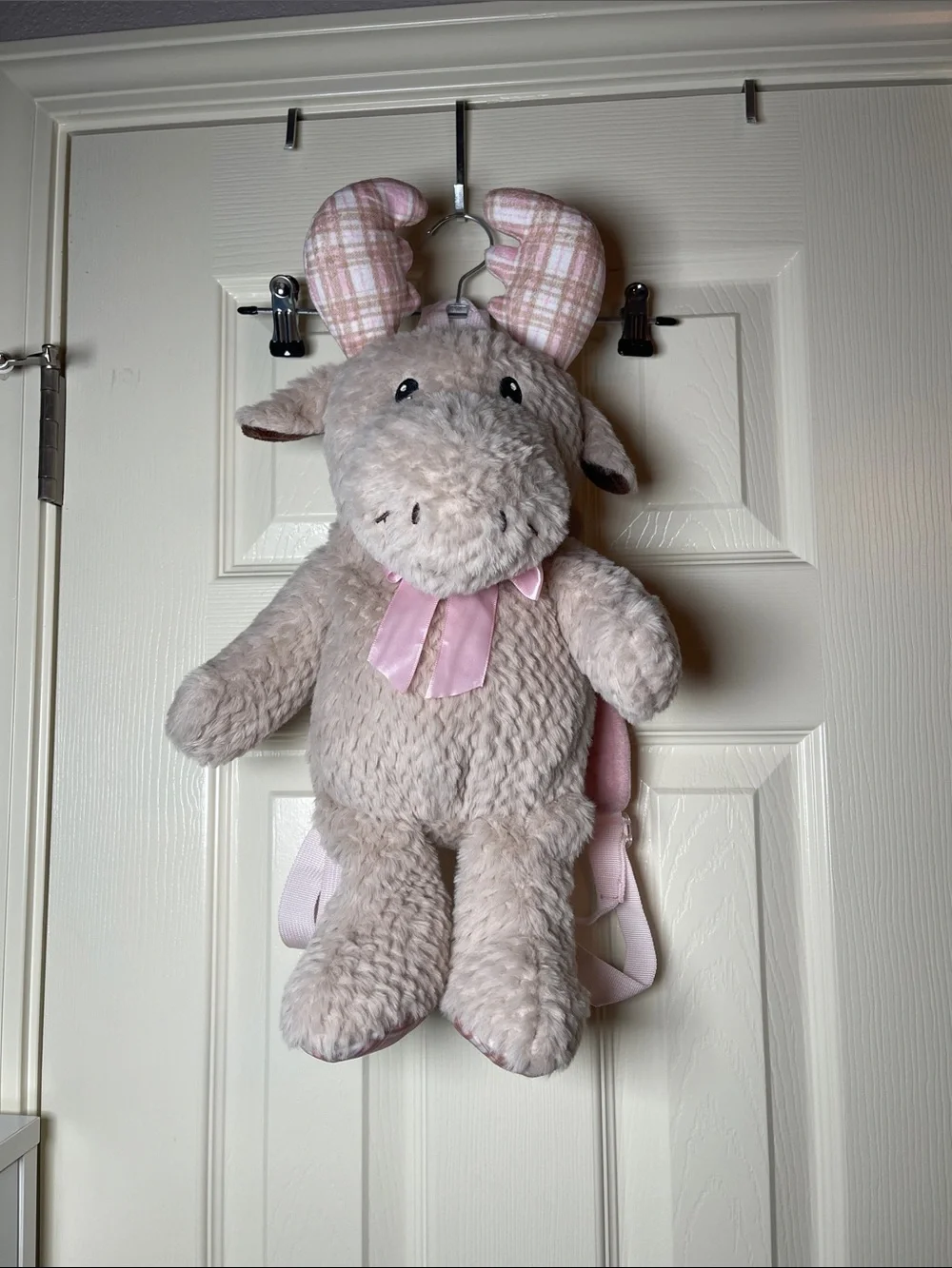 Plush Pink Moose Kids Backpack with Ribbon Accent